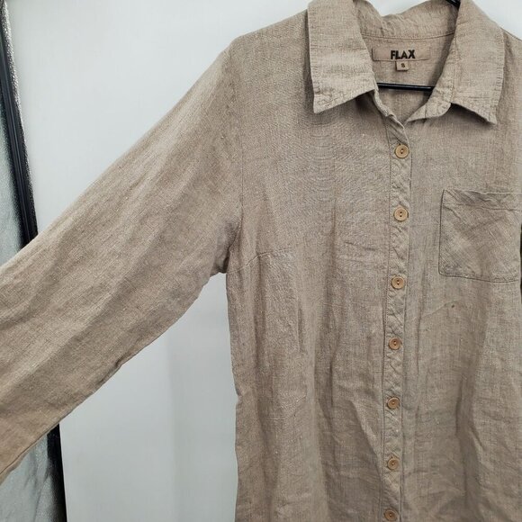 FLAX Brown Button Down Blouse Tunic Women Size Small 100% Linen Collared Long - Picture 2 of 12
